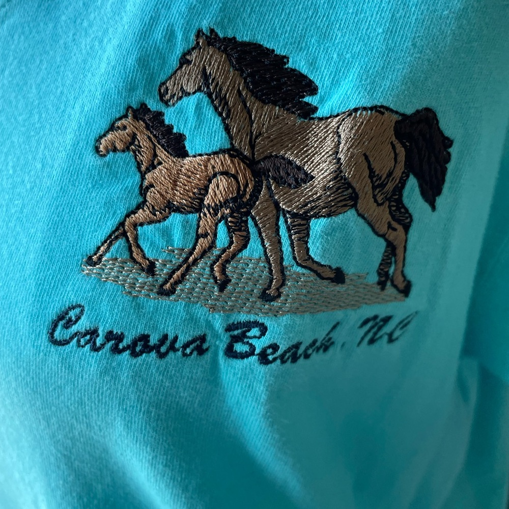 Blue Women’s V Neck T-Shirt Embroidered Horse Design￼ Outer Banks/Carova L